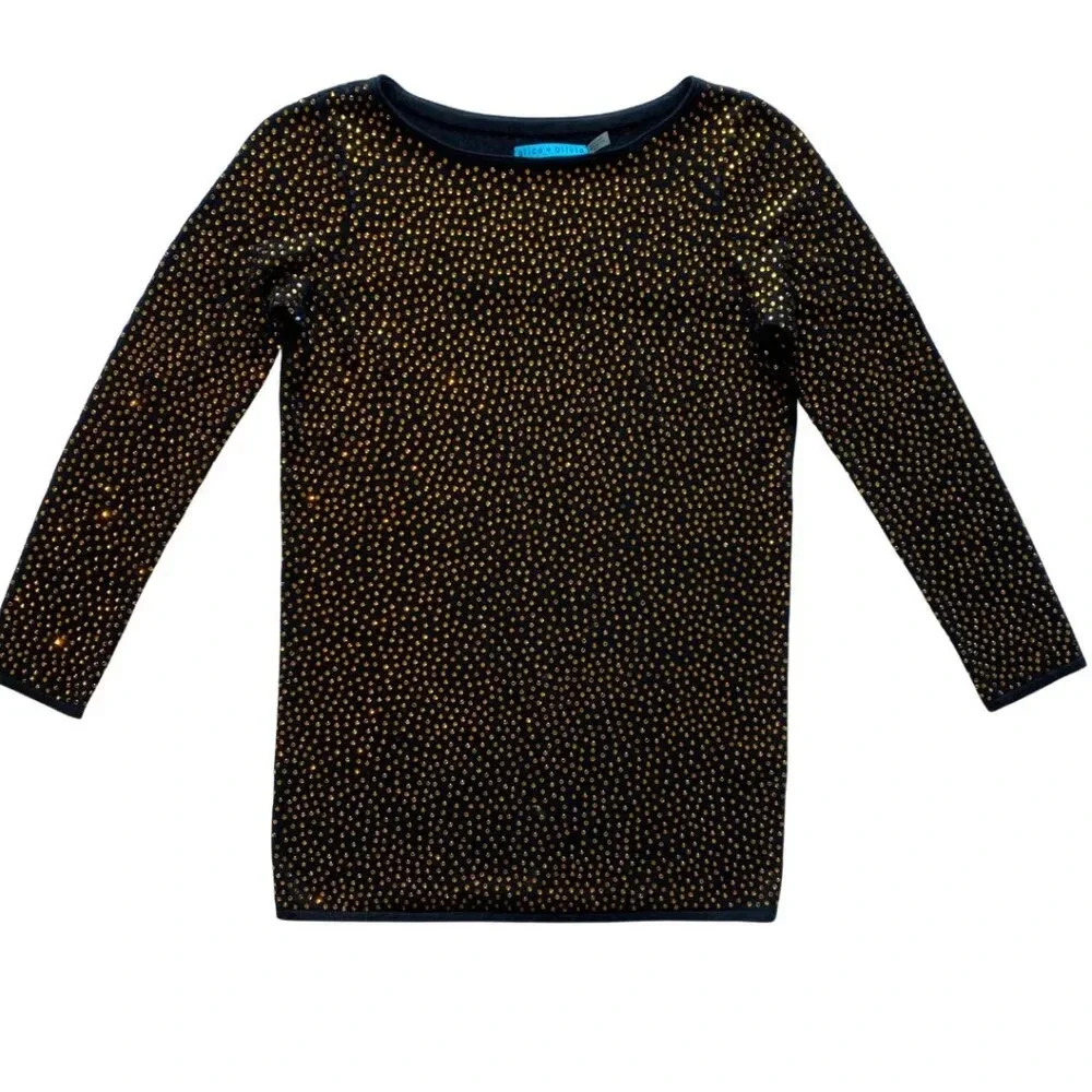Alice + Olivia Black Long Sleeve Gold Rhinestones Top Cashmere Blend Top Size XS